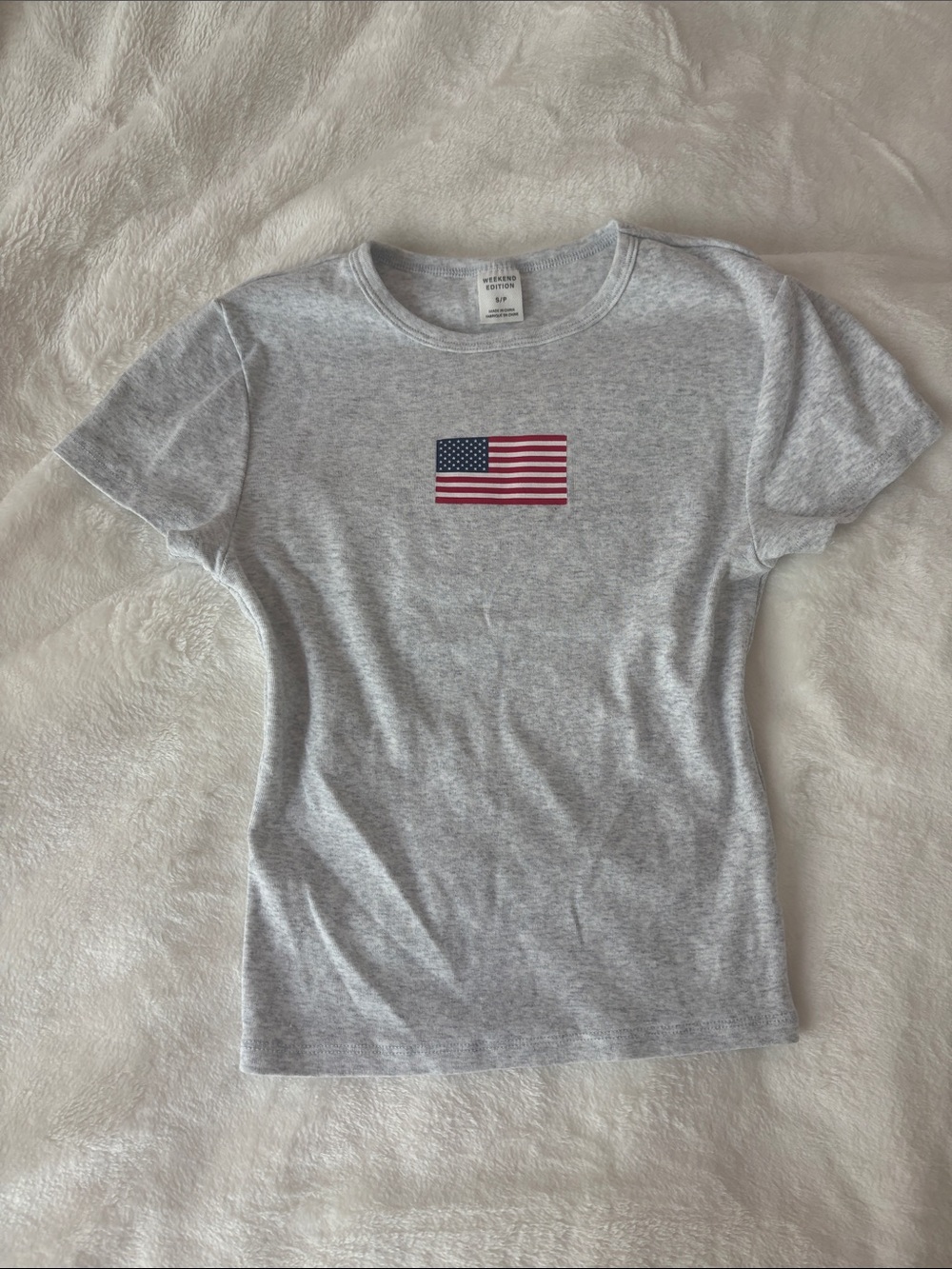 NWOT Grey Short-Sleeve Tee with American Flag Graphic